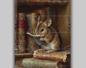 Mouse Reading Book Antique Old Library Print, Bookish Animal Whimsical Fine Art Giclee, Magical Rat Fantasy Art, Elegant Literary Art AD15
