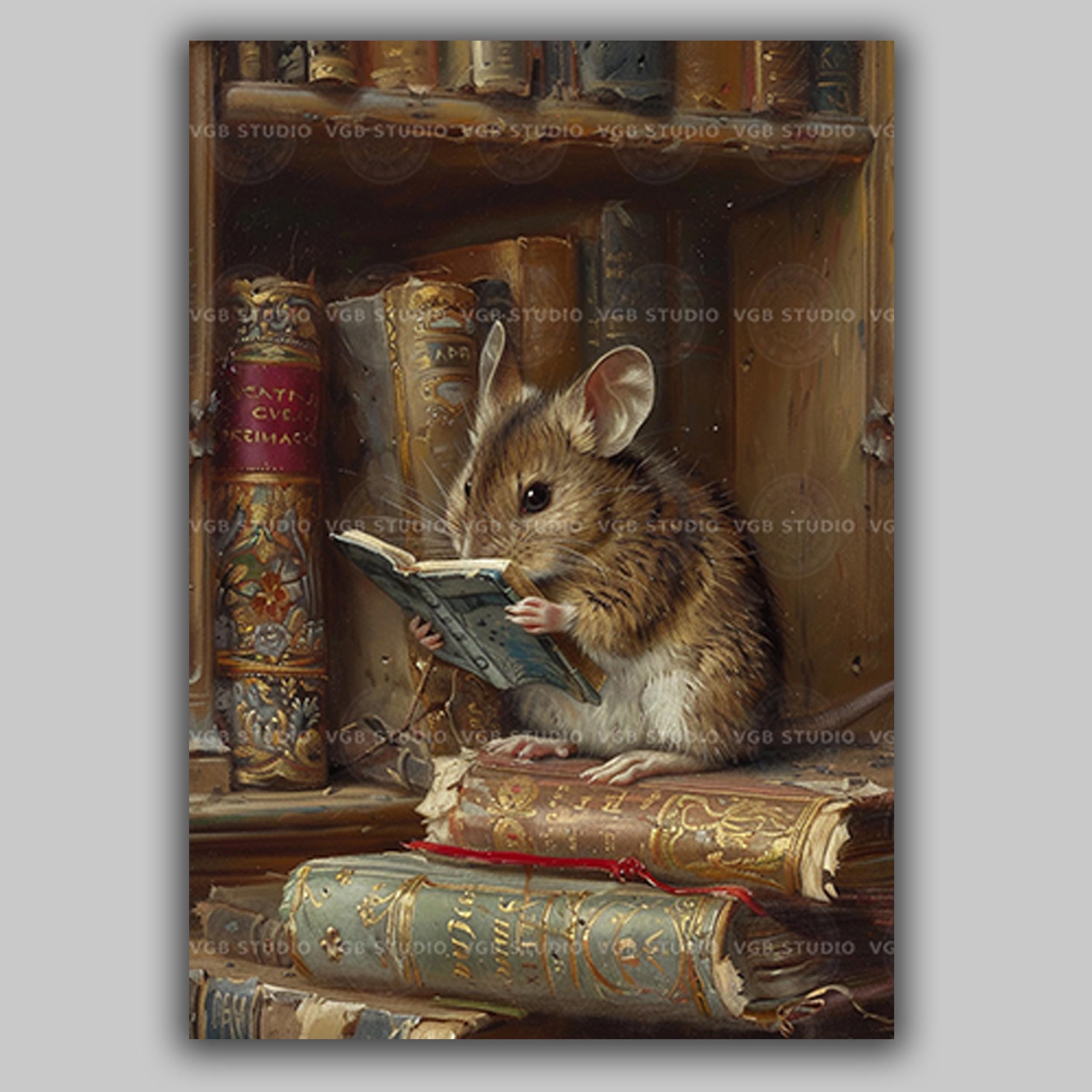 Mouse Reading Book Antique Old Library Print, Bookish Animal
