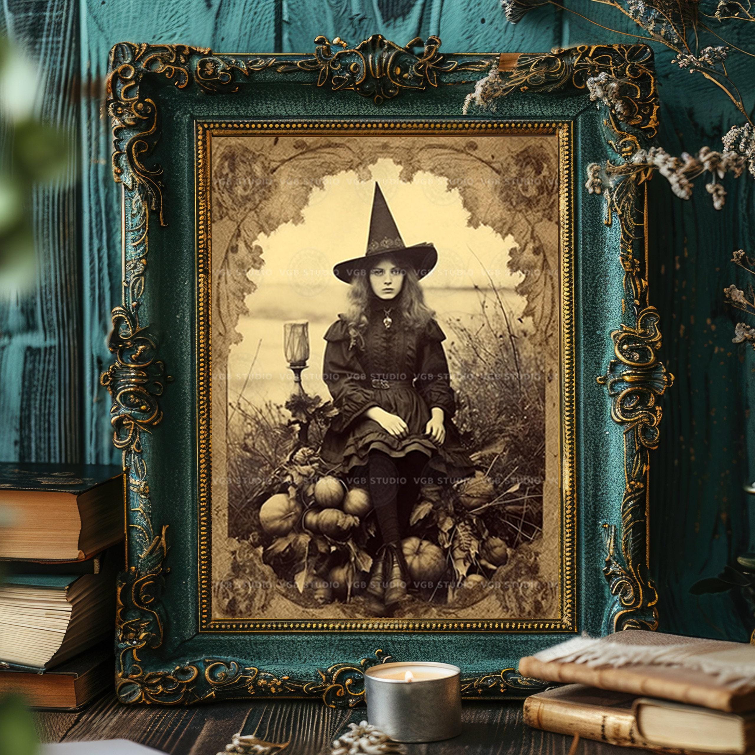 Vintage Witch Halloween Wall Art Print, Victorian Gothic Girl With