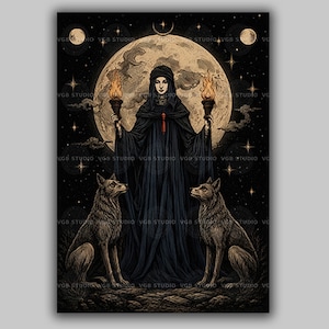May include: A vertical art print featuring a central figure in a long black hooded cloak holding two flaming torches. Two wolves sit on either side of the figure against a large full moon background with a dark starry sky and moon phases.