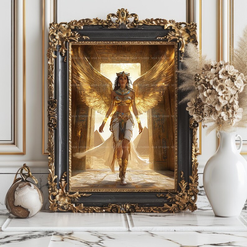 Isis Goddess Wall Art Print, Ancient Egyptian Mythology Decor, Divine Feminine Portrait, Golden Wings, Sacred Pyramid Temple Scene AB60 image 7