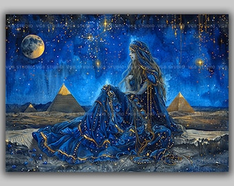 女神ヌトのエジプト風ウォールアートプリント、星空と青と金の満月の