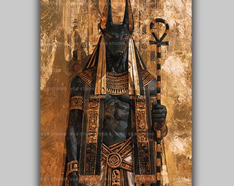 Anubis Wall Art Print, Egyptian Revival Gold Leaf Jackal God Decor, Ancient Egypt Ankh Poster, Kemetic Altar Death Deity Painting AN92