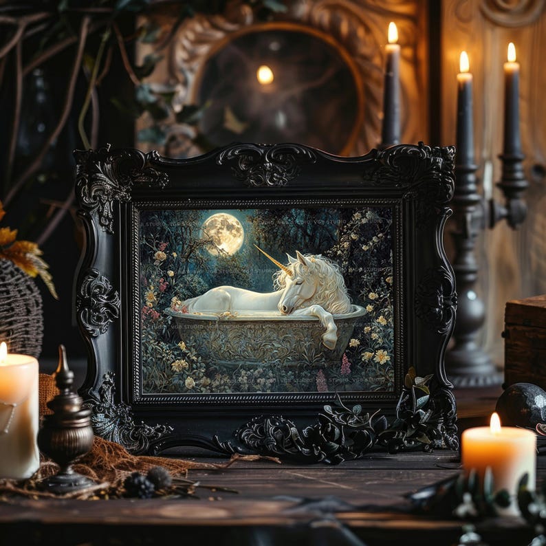 Eenhoorn bad muur kunst print, maanverlichte tuin badkamer decor fantasie paard poster Cottagecore gotische bloemen cadeau horizontale magische scène ac32 afbeelding 6