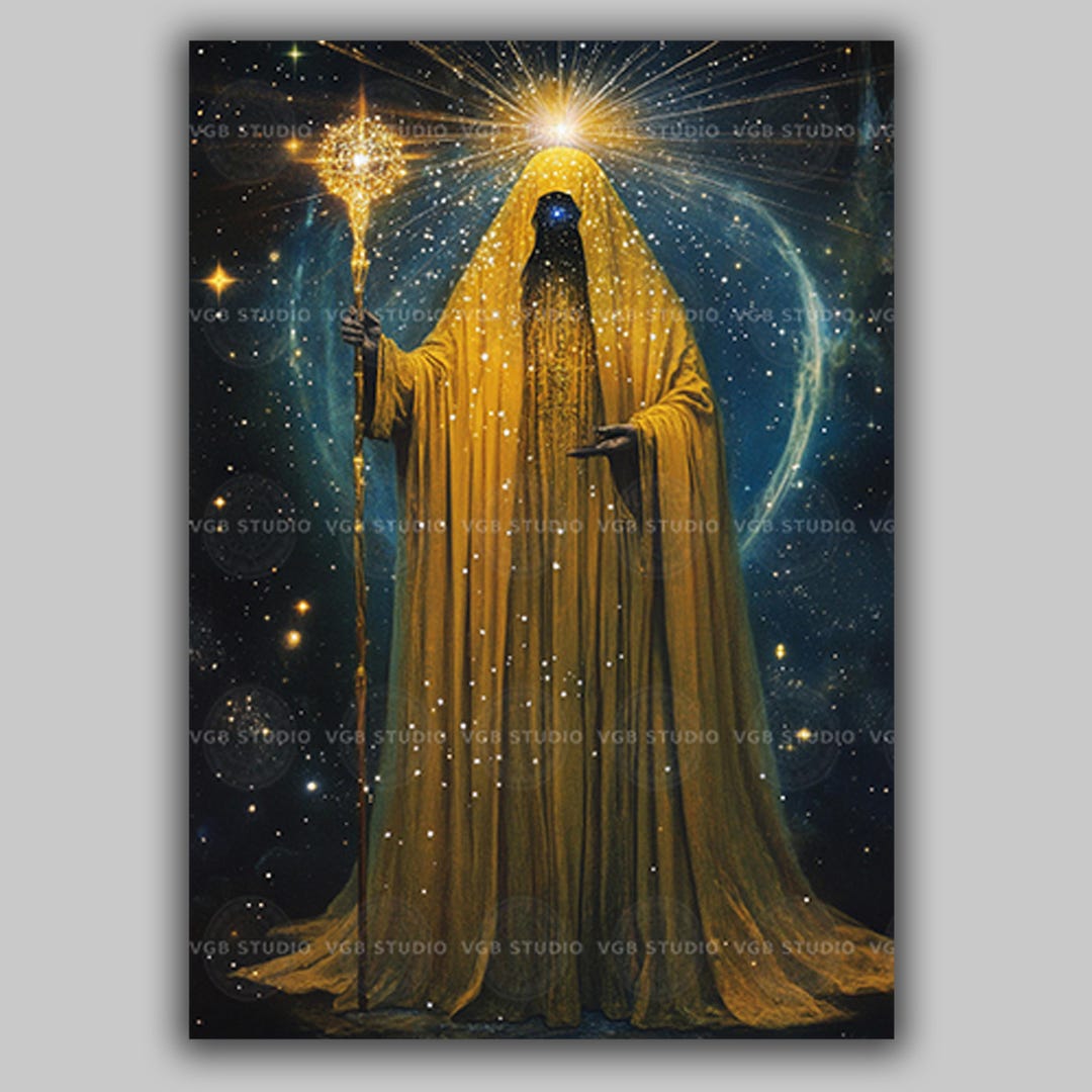 Cosmic Goddess Art Print Mystical Golden Robe Figure Staff Among Stars ...