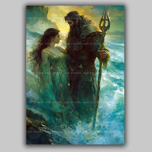 Poseidon And Amphitrite Wall Art Print, Greek Sea Gods, Ocean Mythology Decor, Trident Coastal Fantasy, Sea Goddess Romance Artwork z81
