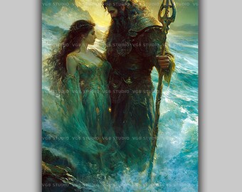 Poseidon And Amphitrite Wall Art Print, Greek Sea Gods, Ocean Mythology Decor, Trident Coastal Fantasy, Sea Goddess Romance Artwork z81