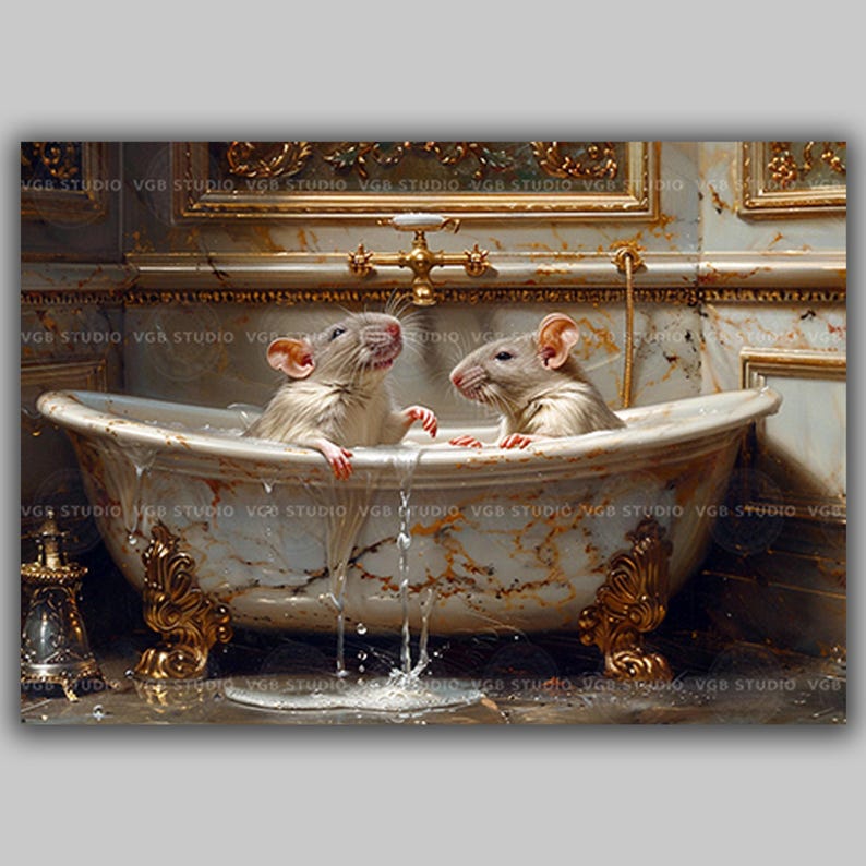 Two Rats in Bathtub Art Print, Funny Luxury Bathroom Wall Decor, Fancy Rat Pet Lover Gift, Quirky Whimsical Animal L83 image 1