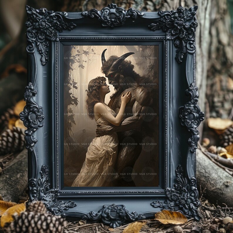Gothic Monster Romance Wall Art Print, Horned Beast And Woman Embrace, Dark Fantasy Lovers, Occult Fairy Tale, Beauty Beast Macabre E08 image 5
