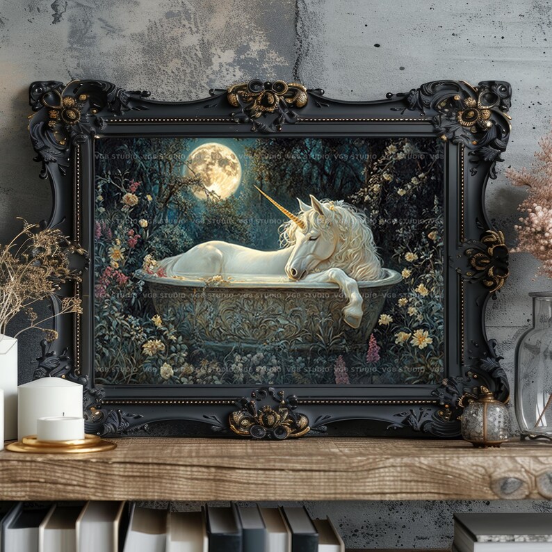 Eenhoorn bad muur kunst print, maanverlichte tuin badkamer decor fantasie paard poster Cottagecore gotische bloemen cadeau horizontale magische scène ac32 afbeelding 7