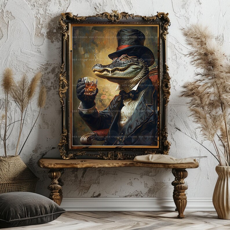 Alligator-Whisky-Wandbild, viktorianisches Tiermotiv, Dark-Academia-Poster, Speakeasy-Dekoration, Luxusgeschenk für Männer, Krokodilgemälde t25 Bild 8