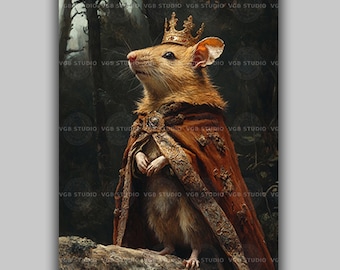 Rat King Art Print, Crowned Mouse in a Royal Cape, Whimsical Dark Academia Fairytale, Woodland Wall Decor Y64