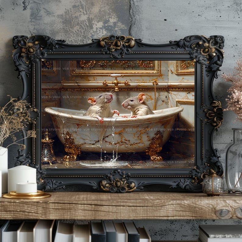 Two Rats in Bathtub Art Print, Funny Luxury Bathroom Wall Decor, Fancy Rat Pet Lover Gift, Quirky Whimsical Animal L83 image 7