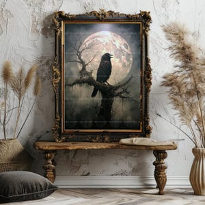 Edgar Allan Poe Raven Wall Art, Nevermore Crow Moon Print, Gothic Halloween Poster, Macabre Night Sky Painting, Spooky Corvid Home Decor H61 image 7