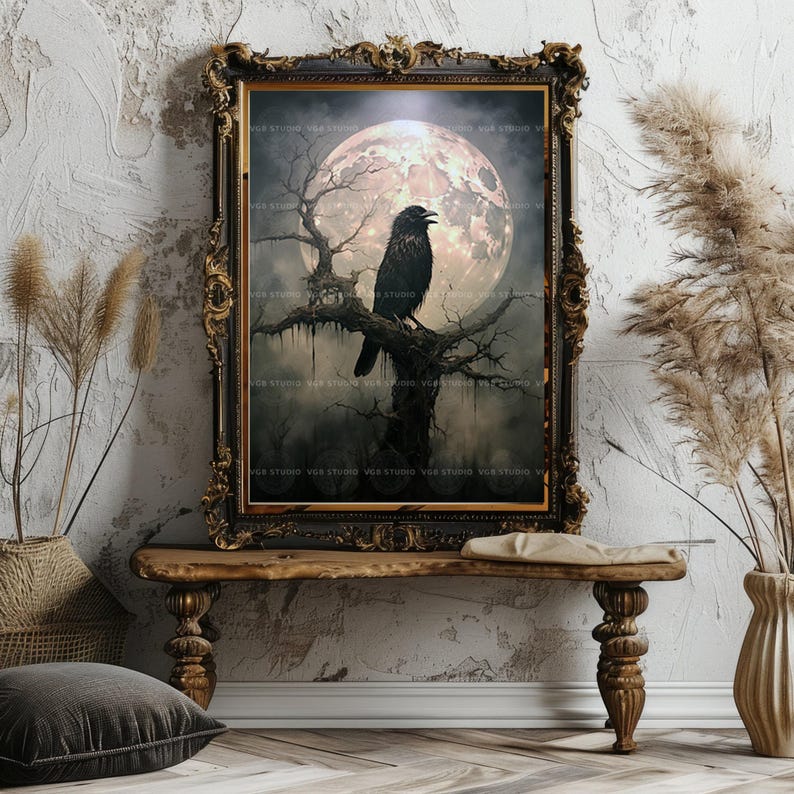 Edgar Allan Poe Raven Wall Art, Nevermore Crow Moon Print, Gothic Halloween Poster, Macabre Night Sky Painting, Spooky Corvid Home Decor H61 image 7