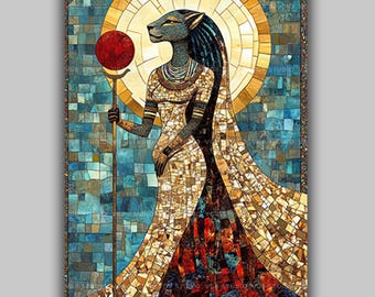 Sekhmet Egyptian Goddess Art Print | Lioness Deity Mosaic Painting | Ancient Egypt Mythology Wall Decor | Pagan Altar Sachmis Gift Idea AL28
