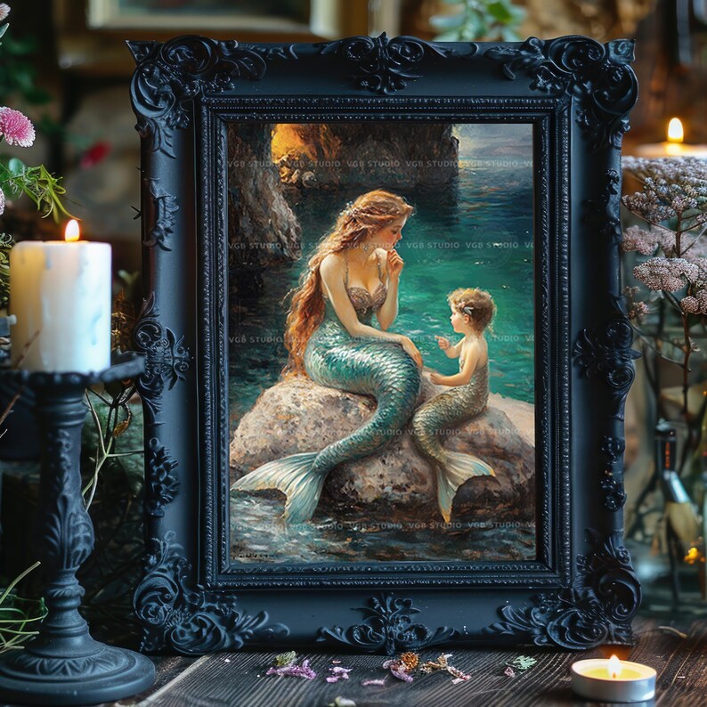 Mermaid Mother Child Art Print Ocean Fantasy Decor Sea Family Painting Whimsical Wall Poster Storybook Illustration Coastal Home Beach AC15 image 5