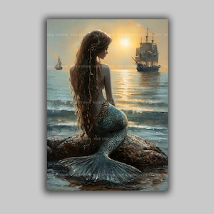 Mermaid Art Print | Enchanted Ocean Sunset Scene with Sailing Ship | Serene Nautical Mermaid Wall Art Coastal Fantasy Sea Decor Marine | K89