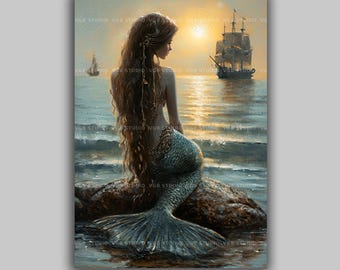 夕日を眺める美しい人魚の絵画、セイレーンのバロックアートポスター