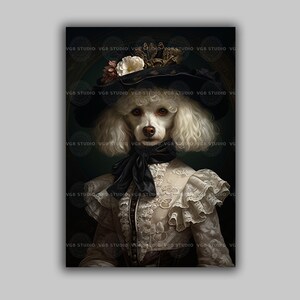 ビクトリア朝のプードルの壁アート、白い犬のポートレート、擬人化された動物のプリント、ダークアカデミアの装飾、気品のある女性のレースドレス、ヴィンテージポスター K46