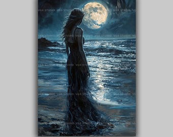 Moonlit Ocean Woman Art Print Mystical Feminine Silhouette by the Sea at Night for Dark Romantic Fantasy Lovers Coastal Dreamscape Decor L01