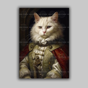 White Cat Royal Portrait Art Print Victorian Wall Art Regal Animal Decor Whimsical Pet Noble Cat Baroque Home Majestic Feline Painting J91T