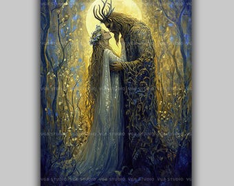 May Queen Wall Art Print, Green Man Decor, Beltane, Celtic Pagan, Forest Spirit, Full Moon Painting, Divine Feminine, Spring Awakening AF50