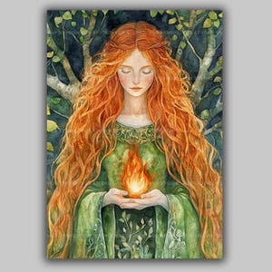 Celtic Goddess Brigid Irish Mythology Fire and Nature Art,Pagan Divine Feminine Green Deity, Sacred Watercolor Art for Spiritual Spaces ab05