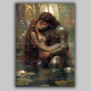 Muurdecoratie met ridder en jonkvrouw, fantasyromantiek, Arthurlegende, middeleeuwse kunst, decoratie met waterlelies, Dark Academia, sprookjesachtige cadeaus ad70T afbeelding 1