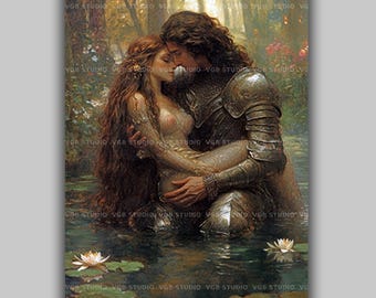 Knight and Maiden Wall Art Print, Medieval Romance Artwork, Arthurian Fantasy Couple, Pre Raphaelite Style, Romantic Forest Lake ad70