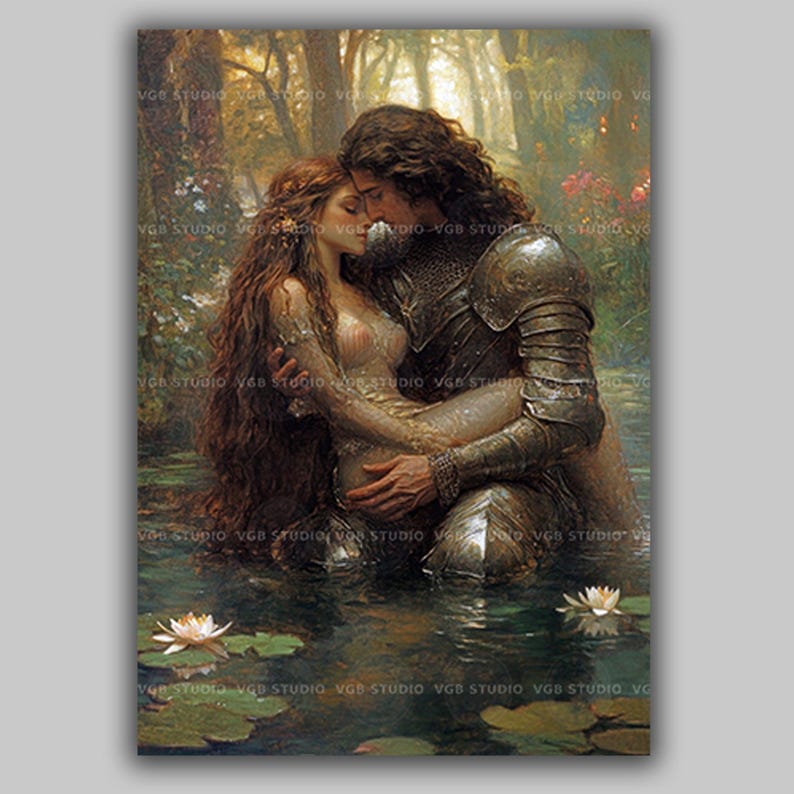 Muurdecoratie met ridder en jonkvrouw, fantasyromantiek, Arthurlegende, middeleeuwse kunst, decoratie met waterlelies, Dark Academia, sprookjesachtige cadeaus ad70T afbeelding 1