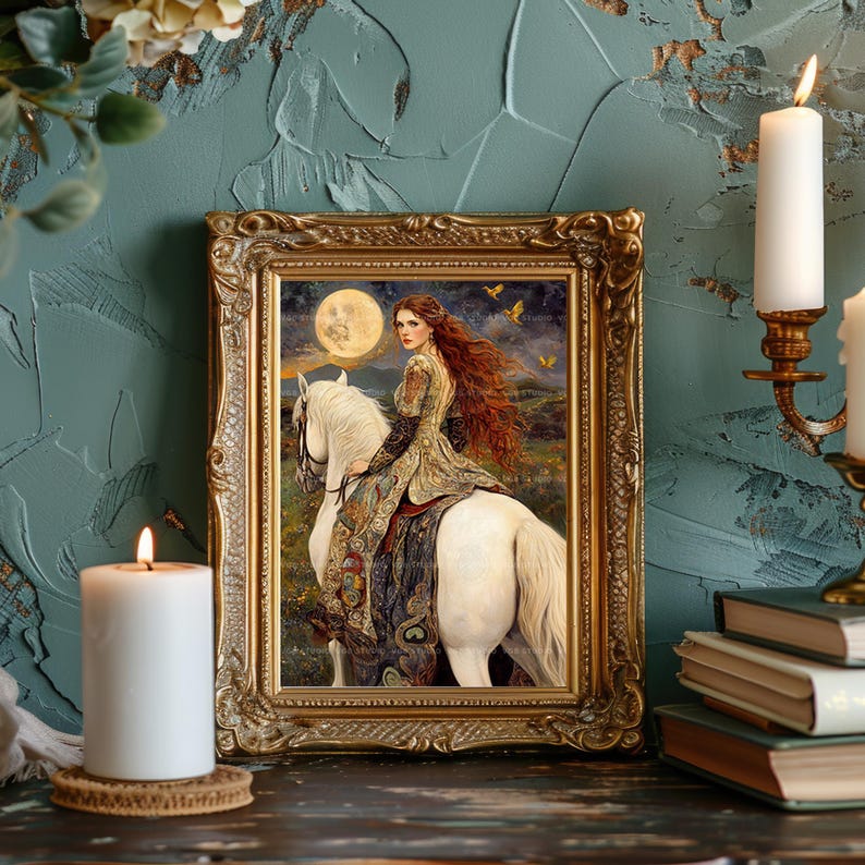 Rhiannon Welsh Pagan Goddess of Moon and Fertility Fine Art Print, Enchanting Celtic Horsewoman Esoteric Mystical Night and Magic Art x54 image 4