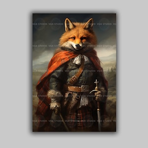 Fox Warrior Art Print | Scottish Highland Tartan Kilt Sword Animal Portrait | Fantasy Scotland Anthropomorphic Wall Art Decor | j61