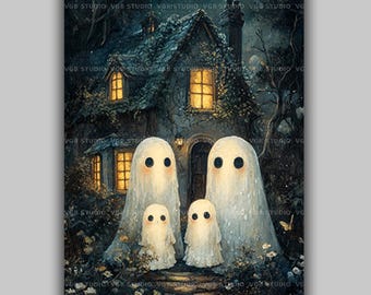 May include: A digital art print featuring a family of four ghosts in front of a spooky house. The house has glowing windows and a crescent moon in the night sky. The ghosts are white with black eyes.