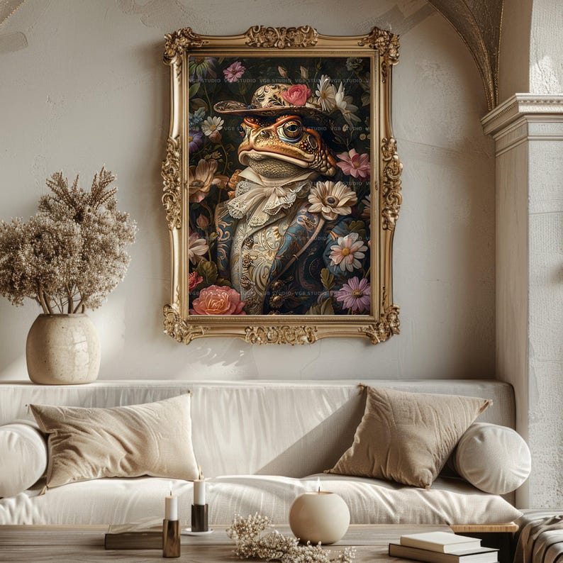 Frog Gentleman Wall Art Print, Victorian Toad In Top Hat, Floral Whimsical Animal Portrait, Dapper Cottagecore Decor, Dark Academia Gift P62 image 8