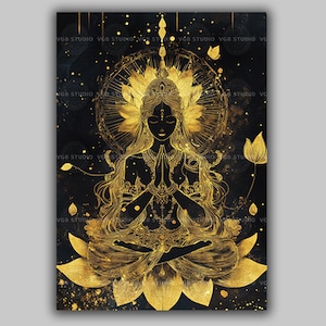 May include: A gold and black illustration of a meditating figure in a lotus position. The figure is adorned with intricate gold details, a halo, and lotus flowers. The background is dark with gold accents. The image has the text "VGB STUDIO" repeated.