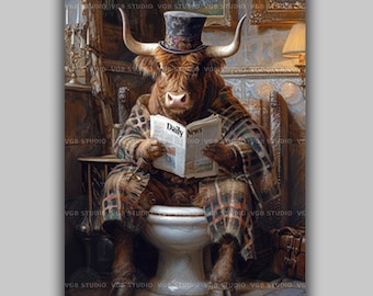 Highland Cow on Toilet Art Print, Funny Bathroom Wall Decor, Reading Newspaper, Scottish Tartan, Quirky Farmhouse Humor L19