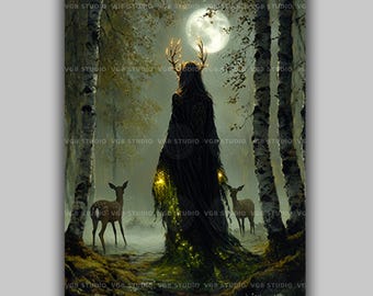 Elen of the Ways Celtic Goddess Art Print Forest Deer Antlers Pagan Path Guardian Divine Feminine Magic Woodland Moonlight Scene AH51