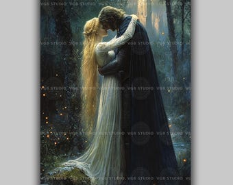 Guinevere and Lancelot Art Print Romantic Knight and Lady Forest