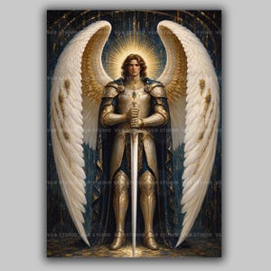 Erzengel Michael als Wandbild, katholischer Kriegerengel mit Schwert, weißen Flügeln, Mosaik-Ikone, goldene Rüstung, christliches Gebet, Schutzpatron AM15