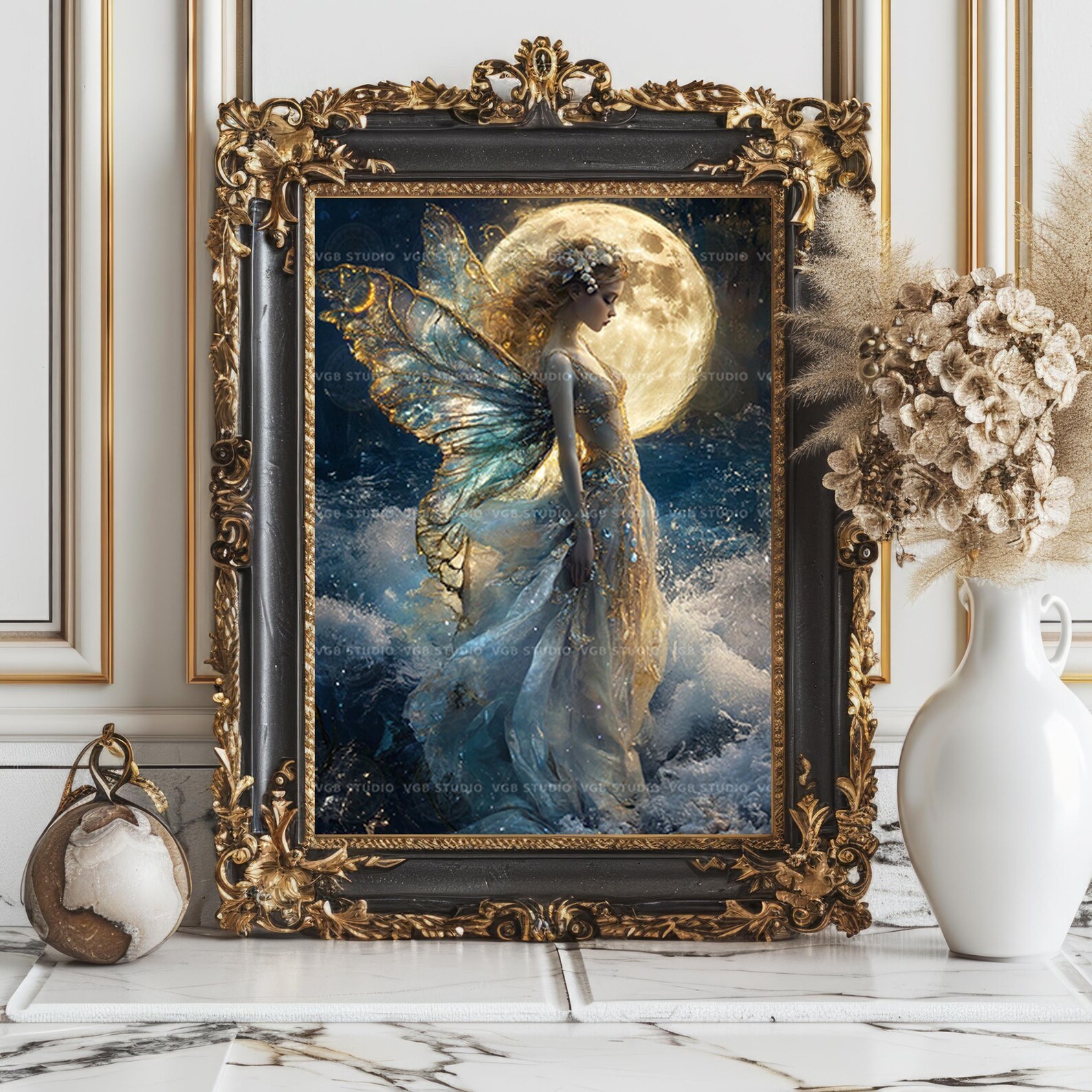 Moonlight Fairy Art Print Ocean Fantasy Wall Decor Celestial Sea Sprite ...