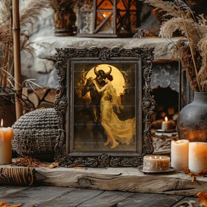 Impresión artística de fantasía oscura de demonio y mujer, romance gótico, mitología surrealista, obra de arte, luna encantada, baile nocturno, amantes del ocultismo, decoración de pared D25A imagen 4
