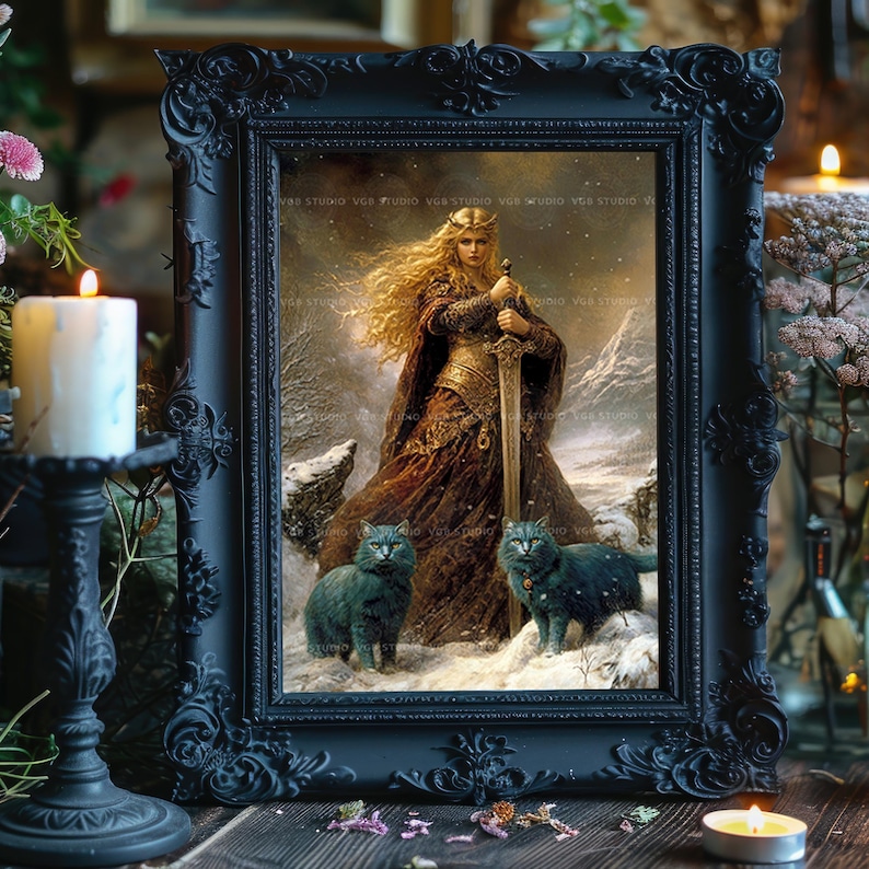 Freya, Freyja, nordische Göttin der Liebe, Krieg und Magie, Wikinger Mythologie, blaue Katzen, Winter-Schnee-Szene, heidnischer Altar-Dekor ac12 Bild 2
