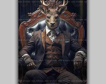 Lámina decorativa de caballero ciervo, retrato de ciervo victoriano con traje, decoración de animales estilo academia oscura, ciervo del bosque gótico, regalo rústico para oficina o cabaña J10