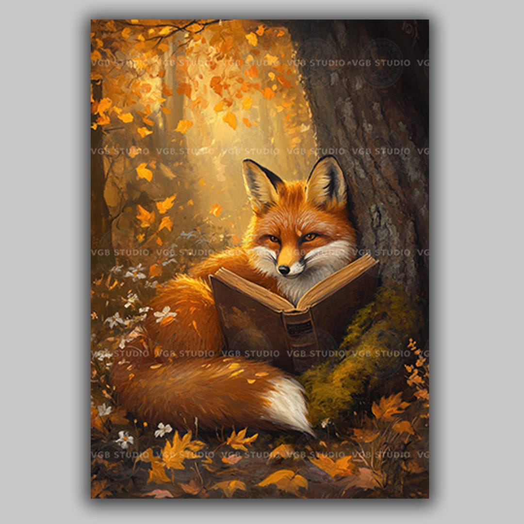 Red Fox Reading a Book Art Print, Autumn Wall Art, Forest Wall Art