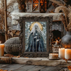 May include: A framed mosaic art piece featuring a figure with long white hair and a flowing dark cloak, holding a staff with a sphere. The artwork is set against a gold and mosaic background, within an ornate, dark brown frame. The scene is decorated with candles and dried plants.