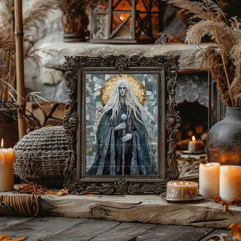 May include: A framed mosaic art piece featuring a figure with long white hair and a flowing dark cloak, holding a staff with a sphere. The artwork is set against a gold and mosaic background, within an ornate, dark brown frame. The scene is decorated with candles and dried plants.
