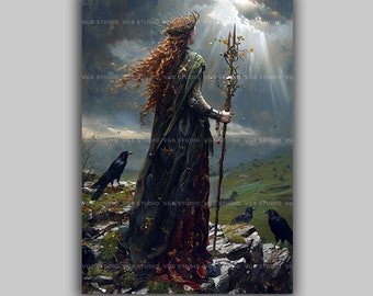 Morrigan Art Print Celtic Goddess Wall Decor Raven Queen Dark Priestess Ireland Mythology Warrior Witch Pagan Divine Feminine Prophecy L70