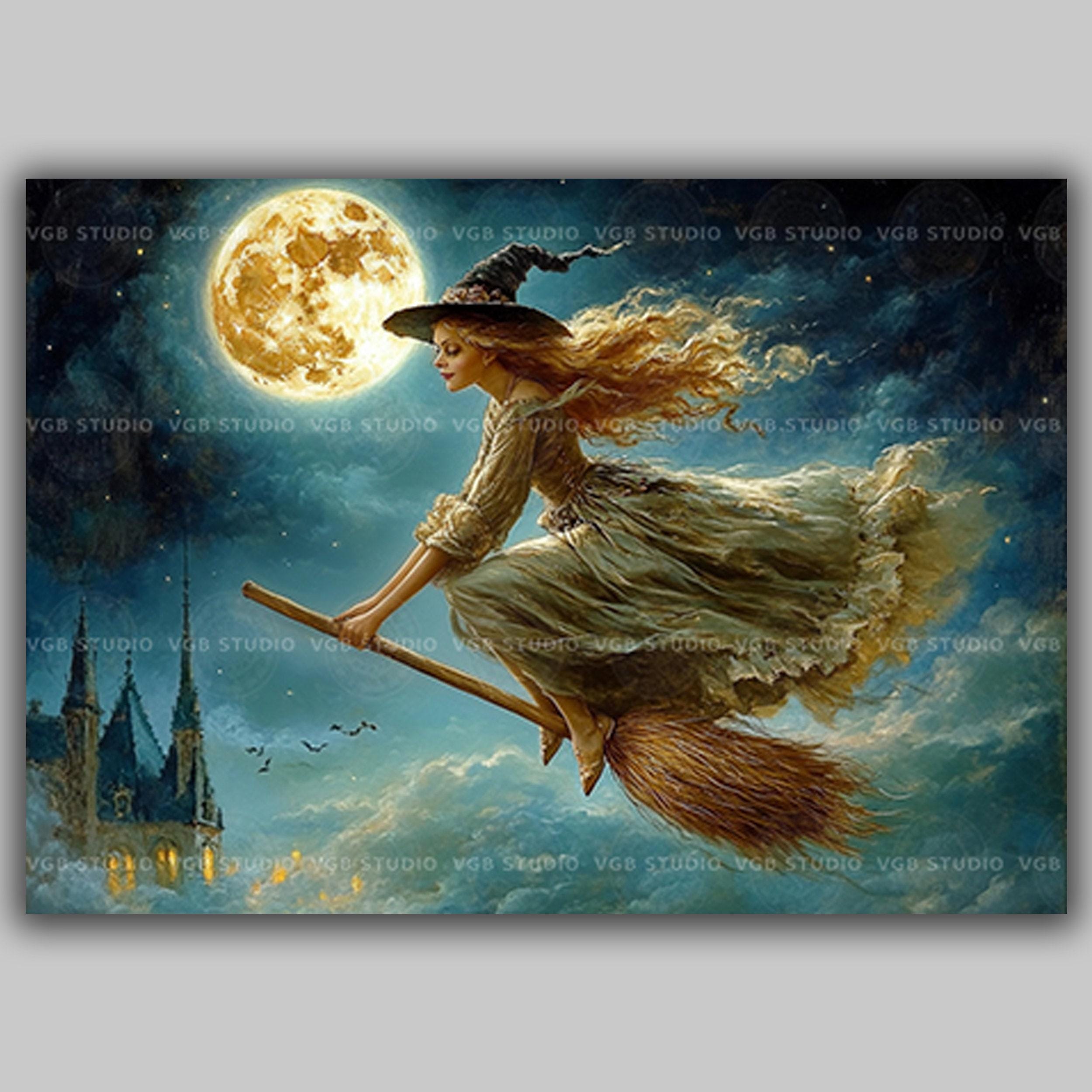 ヴィンテージ WICKED WITCH FULL MOON BROOMSTICK Witch Art Print Flying Broomstick Full Moon Halloween Wall