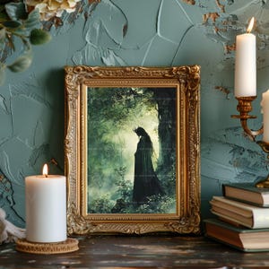 Sadhbh Irish Mythology Art Print, Antlered Deer Woman Silhouette in a Misty Green Forest, Cloaked Celtic Folklore Woodland Wall Decor w58 image 5